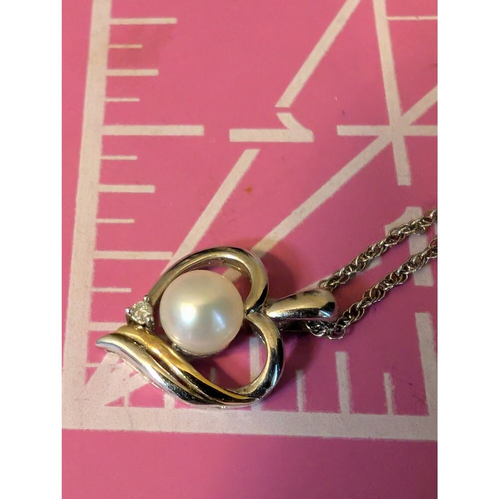 Alwand Vahan 14K Gold 925 Sterling Diamond Pearl Heart Pendant Necklace - Picture 6 of 9